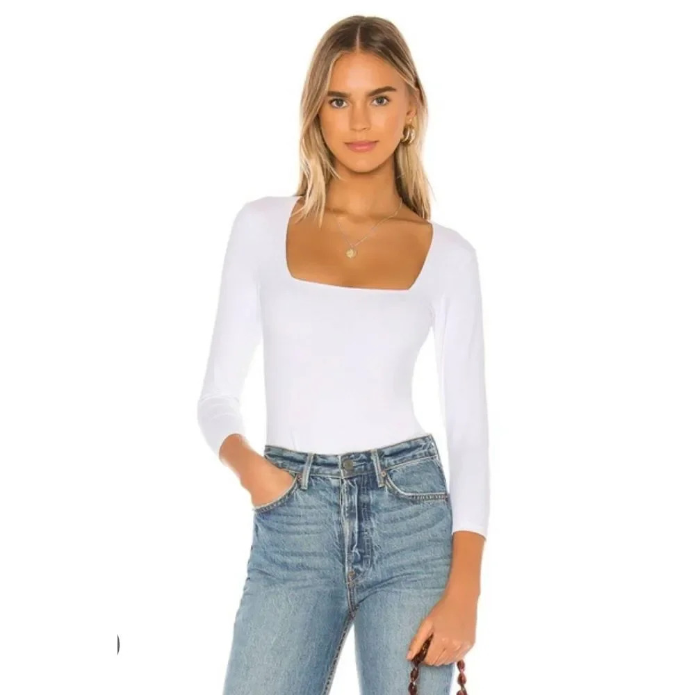 Free people TRUTH OR SQUARE WHITE STRETCH-JERSEY BODYSUIT SZ Large